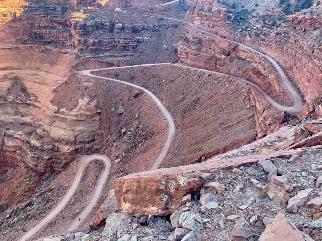 Steep and winding Shafer Switchbacks down the edge of a cliff face