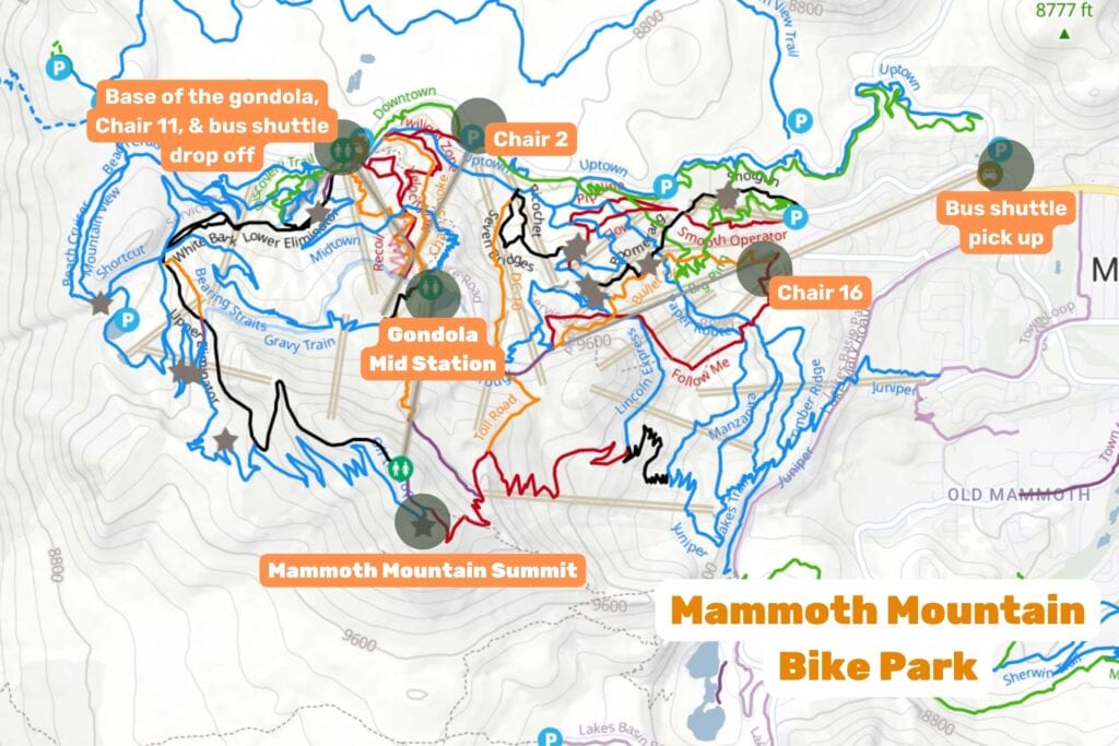 Trail map of Mammoth Mountain Bike Park with locations of the chairlifts highlighted