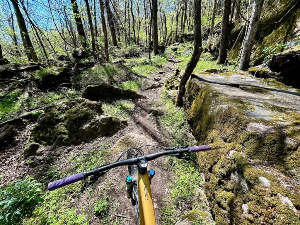 Photo out over front of mountain bike handlebars onto rocky trail lined with green grass at the BOC Ponca Downhill Trails in Arkansas