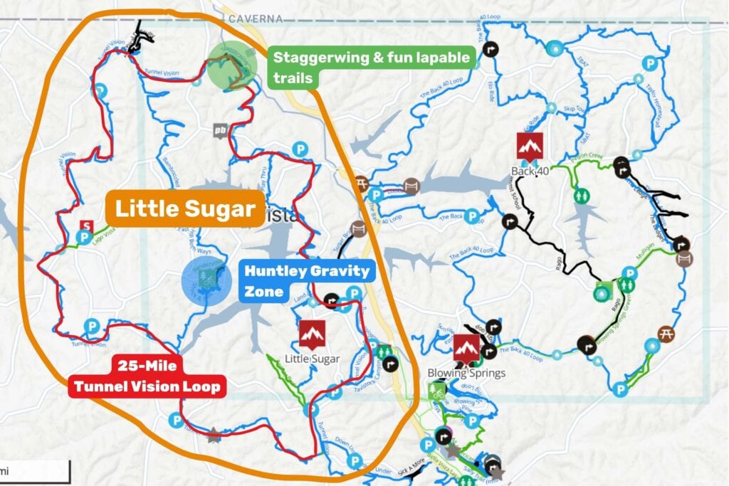 Map of the Little Sugar Trails and highlights in Bentonville, Arkansas