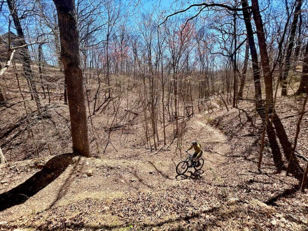 Mountain biker on singletrack trail at the Back 40 in Bella Vista, Arkansas