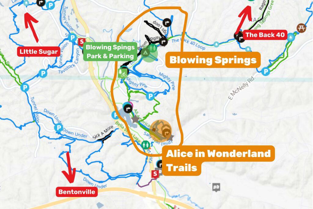 Map of Blowing Springs and Alice in Wonderland Trails in Bentonville, Arkansas