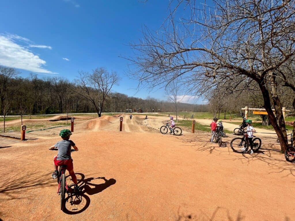 Mountain bikes at small skills park at the Slaughter Pen trails in Bentonville, Arkansas