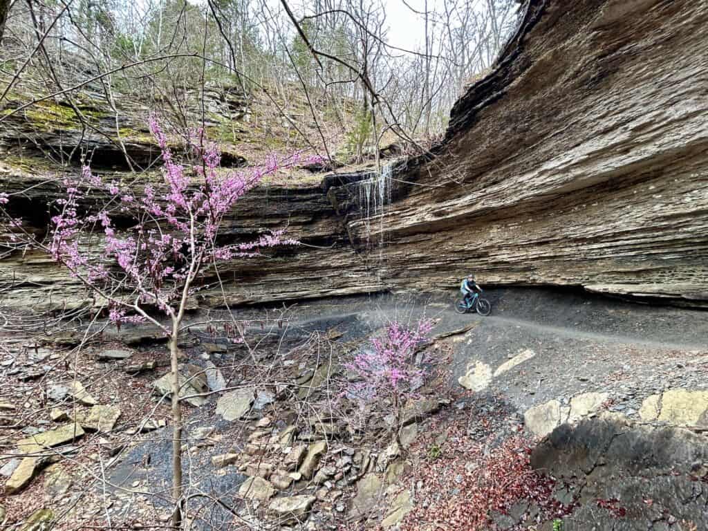 Mountain biker riding on trail under a waterfall at Devil’s Den State Park in Arkansas