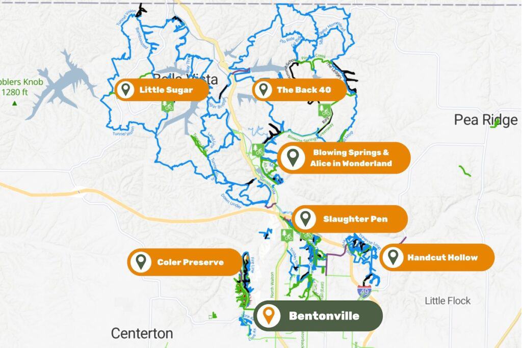 Map of the mountain biking trails around Bentonville, Arkansas