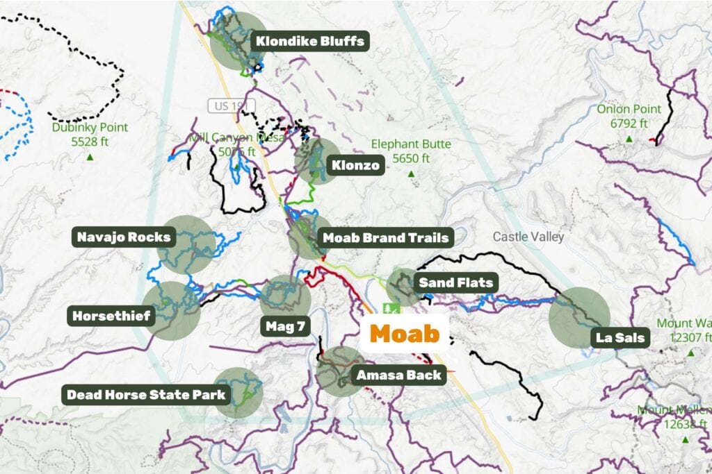 Map of the mountain bike trail networks around Moab