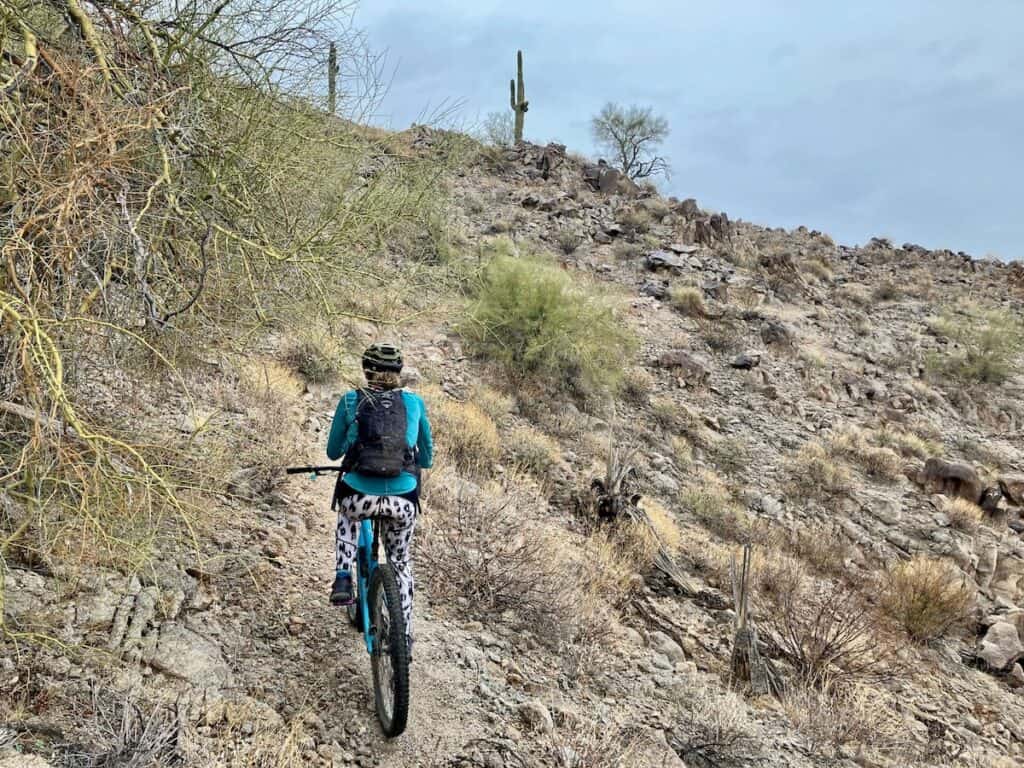 Mountain biker riding bike on desert trail wearing a hydration backpack